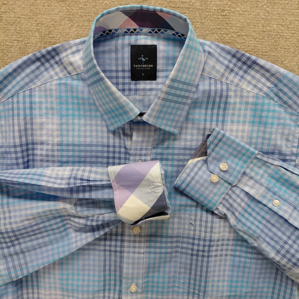 TAILORBYRD Sz LARGE Multicolor Plaid Long Sleeve Button-Up Contrast Flip Cuffs
